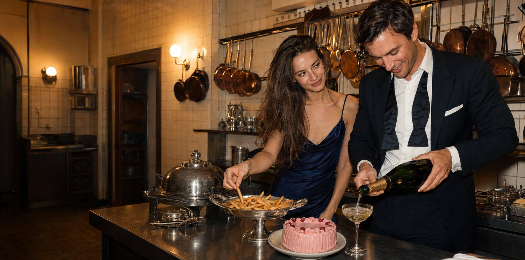 A couple pouring champagne in a hotel kitchen